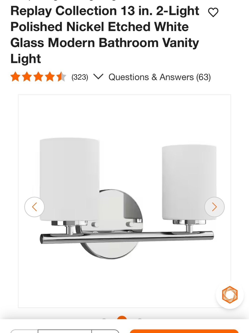 Progress lighting replay polished Nickel Wall Vanity Light with White Glass